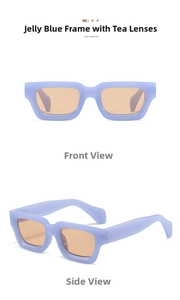 Detailed front and side views of chunky square sunglasses with jelly blue frames