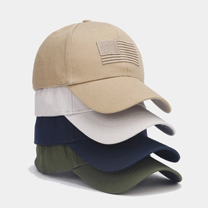 Classic American flag embroidered baseball cap set in khaki, grey, navy, and olive green