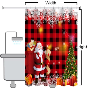 Detailed view of red and black buffalo plaid Christmas shower curtain with Santa graphics