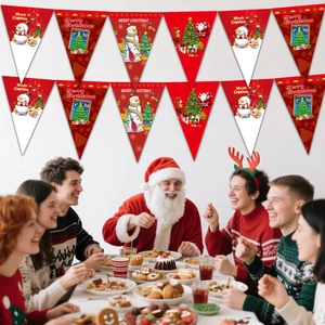 Close-up of Merry Christmas banner with Santa Claus, snowmen and festive patterns