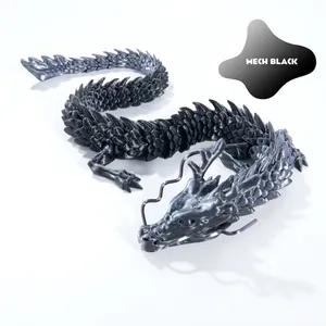 Detailed macro view of 3D printed mech black dragon figurine with articulated joints