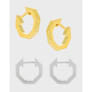 Minimalist S925 sterling silver geometric huggie earrings with textured vertical lines