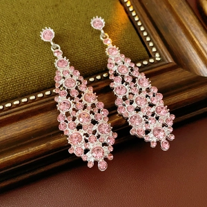 Detalle de pendientes plateados con brillantes diamantes de imitación rosa redondo