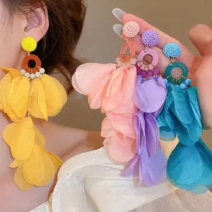 Floral Tassel Drop Earrings With Fabric Petals Resin Beads And Silver Earring Post Long Bohemian Sweet Vacation Jewelry For Women