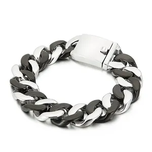 Bracelet pour homme en acier inoxydable argenté et noir, chaîne cubaine avec maillons mats