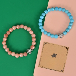 8mm amazonite turtle beaded bracelets set with lucky card on dual tone background
