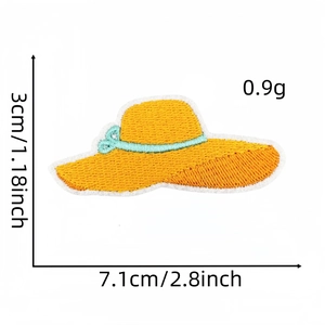 Detailed view of yellow sun hat embroidery patch with dimensions 7.1cm x 3cm and weight 0.9g