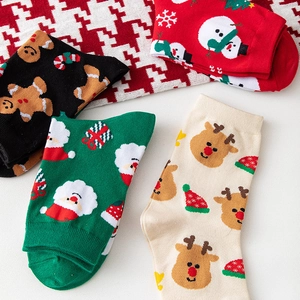 Weihnachtliche Baumwollsocken für Damen mit festlichen Rentier- und Schneemann-Motiven gestrickt