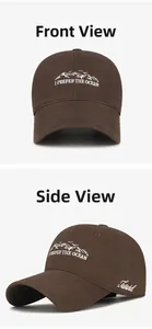 Vue détaillée de la casquette en coton café avec broderie montagne et large bord