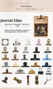 Macro view showing vintage hollow journaling clips in assorted metal and plastic styles