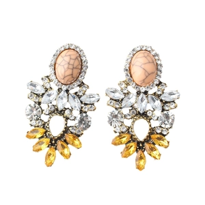 Vintage floral crystal drop earrings with beige stone and yellow marquise rhinestones