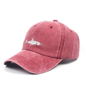 Vintage washed red cotton baseball cap featuring high-quality white shark embroidery