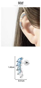 Detail view of curved ear stud with gradient zircon stones and 1.42cm size marking