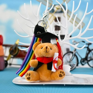 Primo piano di un orsetto di laurea in peluche con tocco, toga e nastro arcobaleno