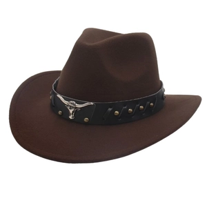 Close-up of brown cowboy hat with leather band featuring silver bull head and bronze rivets