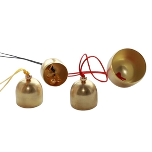 Set of four 2cm mini brass Christmas bells with colorful cords for DIY hanging crafts