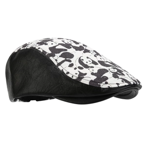 Retro PU leather patchwork newsboy cap featuring black and white panda print patterns