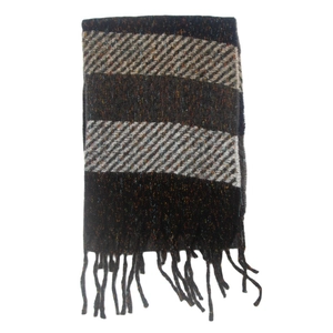 Detail of striped knit scarf with fringes and colorful fiber flecks on white background