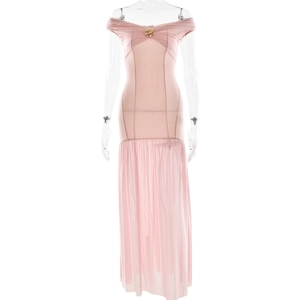 Rosa schulterfreies Mesh-Maxikleid mit Schleife und gerafftem Chiffon-Rock