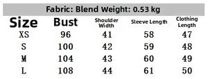 Size guide for women's faux fur jacket showing chest, shoulder, sleeve and body length