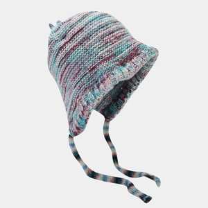 Detail of colorful knitted earflap hat with multi-color striped yarn and braided ties