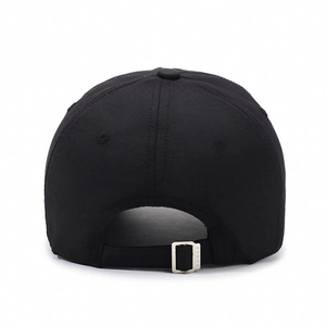 Rear view of black cotton baseball cap featuring adjustable strap and metal buckle