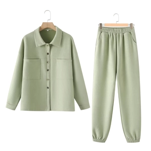 Women's bean green two-piece set featuring long sleeve shirt and matching joggers