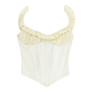 Detail of cream white corset top with ruffle trim and structured boning design