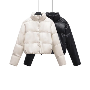 Women PU Leather Puffer Jacket Stand Collar Faux Leather Padded Coat Short Cropped Winter Outwear Fashionable Zipper