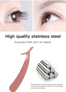 Rose gold stainless steel eyelash applicator tool with before and after comparison view