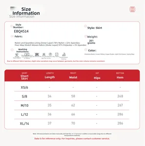 Detailed size chart for yoga sports skirt featuring fabric composition and measurements