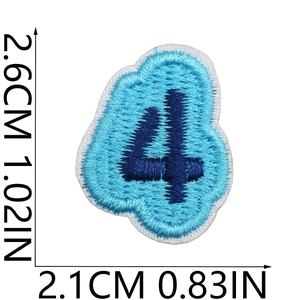Blue embroidered number 4 patch with dimensions 2.6cm by 2.1cm on white background