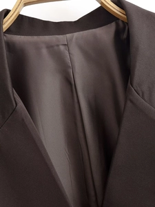 Detailansicht von Kragen und Seidenfutter des dunkelbraunen Blazers auf Holzbügel