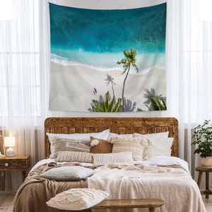 Bohemian tropical beach landscape tapestry with ocean and coconut trees for wall decor