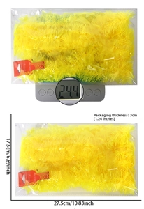 Macro view of yellow star garland showing weight on digital scale and package dimensions