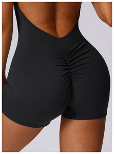 Detail of scrunch butt design and high-elastic fabric on black backless sports bodysuit
