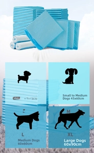 Size chart showing S to XL dimensions for thick pet training pads for dogs and cats
