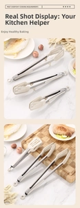 Three sizes of silicone and stainless steel tongs shown with various food on a wooden board