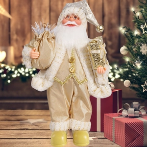 Close-up of 12-inch Santa Claus figurine holding gold gift box and festive bag