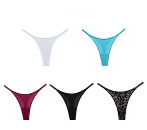 Detailed set of 5 seamless ice silk thongs in white, blue, red, black, and leopard print