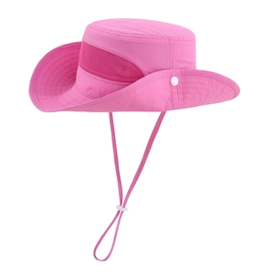 Detail of rose pink sun hat with breathable mesh side panels and adjustable chin strap
