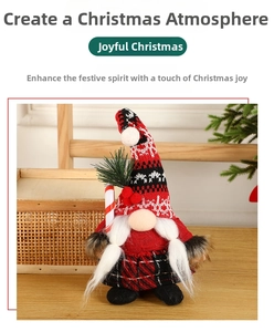 Detailed close-up of a Christmas gnome doll with red plaid hat and candy cane decoration