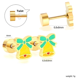 Christmas bell stud earrings in gold stainless steel with green and red enamel detail