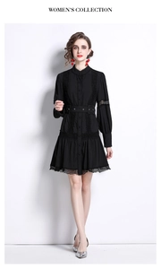 Elegant black long sleeve dress featuring lace stitching and metal eyelet belt detail