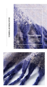 Detailed macro view of the fluffy mohair knit texture and elegant blue tassel hem