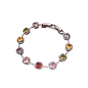 Vintage rainbow zircon bracelet with multicolor gemstones and silver buckle clasp