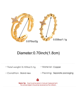 Detailed size chart for gold-tone double-layered cross rings with copper material specs