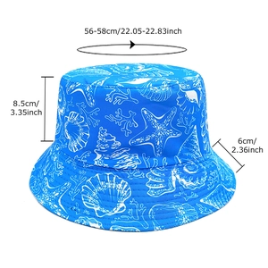 Blue bucket hat with white starfish print showing size measurements on white background