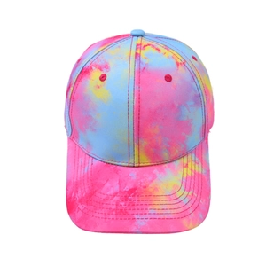 Detail of vibrant tie-dye baseball cap featuring multi-color pink blue yellow patterns