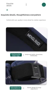 Detail of adjustable strap with plastic buckle and logo label on sun visor hat